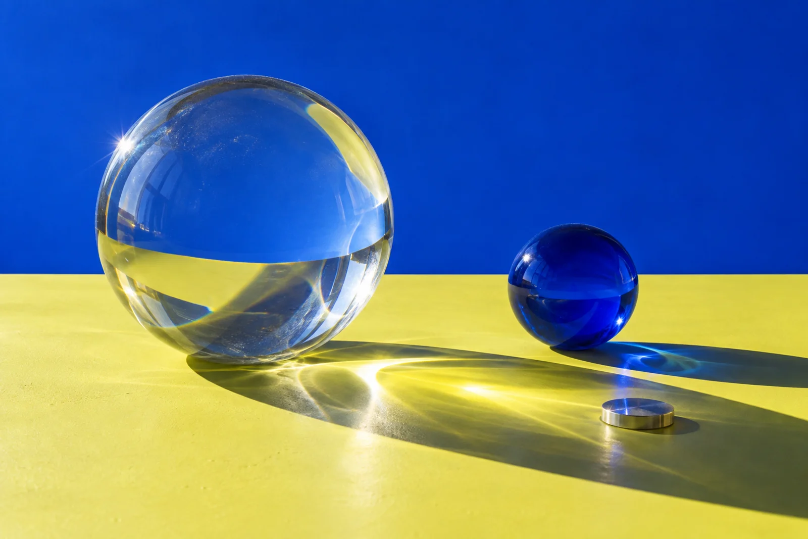 Clear and cobalt glass spheres refracting light on a yellow surface